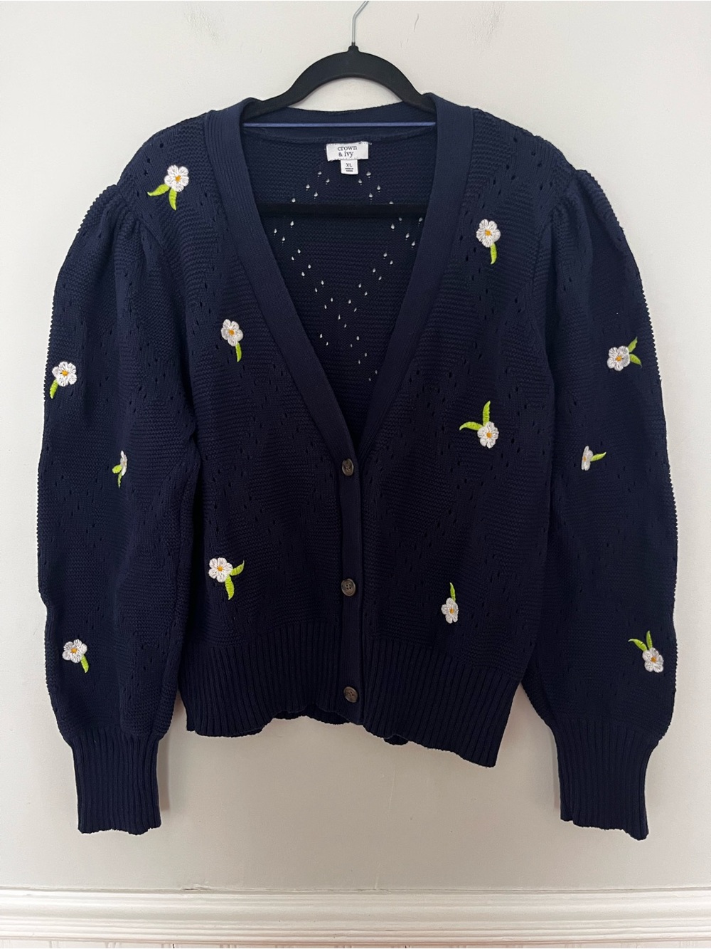 Crown & Ivy Floral Embroidered Cotton V-Neck Cardigan, Size XL